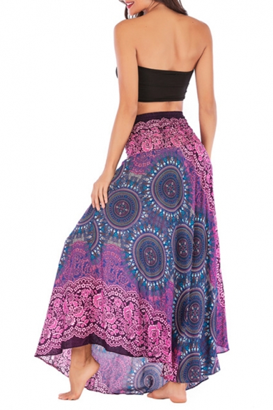 Summer Holiday Ethnic Style Tribal Printed Tied Waist Maxi Beach Flared Skirt