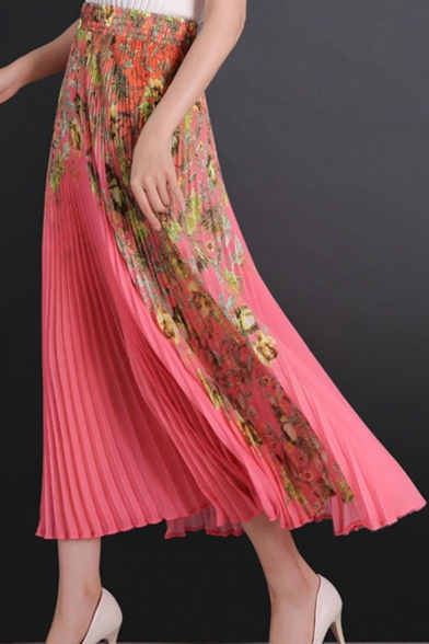 Summer Hot Popular Chiffon Floral Print Boho Elastic High Waist Pleated Maxi Skirt
