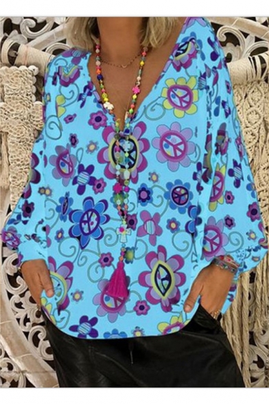 Summer Hot Popular Floral Pattern V-Neck Long Sleeve Loose Fit Blouse Tee Top for Women