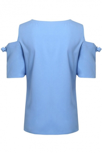 Summer Hot Popular Plain Round Neck Cold Shoulder Short Sleeve Plain Casual T-Shirt