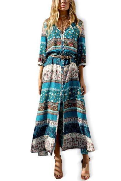 Summer Hot Popular Tribal Printed V-Neck Long Sleeve Button Down Maxi Beach Bohemian Dress