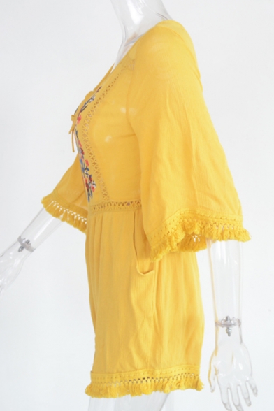 Summer Fashion Folk Style Yellow Floral Embroidered Cutout Tassel Trim High Waist Sexy Beach Romper for Women
