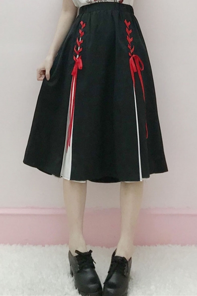 Summer Hot Stylish Lace Up Front Eyelet Embellished Patch High Elastic Waist Vintage Flare Midi Skirt