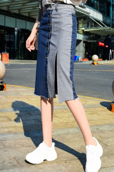 Summer Hot Stylish New Arrival Fitted Coloblock Patch Split Button Dwon Midi Penciled Skirt