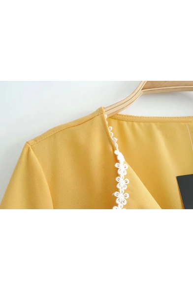 Summer Hot Trendy Lace-Trim V Neck Short Sleeve Button Down Yellow Mini A-Line Dress