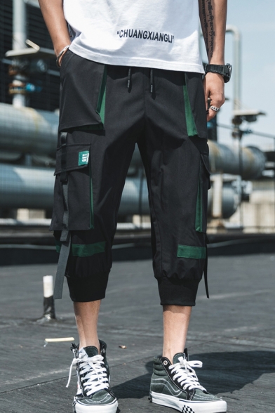 Summer New Fashion Solid Color Tape Patched Cropped Cotton Cargo Pants for Men