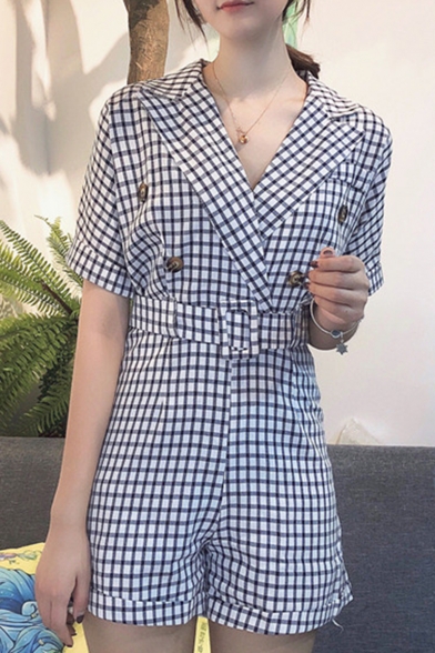 

Summer New Stylish Check Printed High Waist Button Embellished Lapel Collar Rompers, LM550347, Blue;red