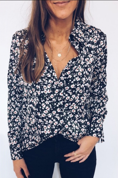 Summer Stylish Black Floral Printed Long Sleeve Button Down Casual Shirt
