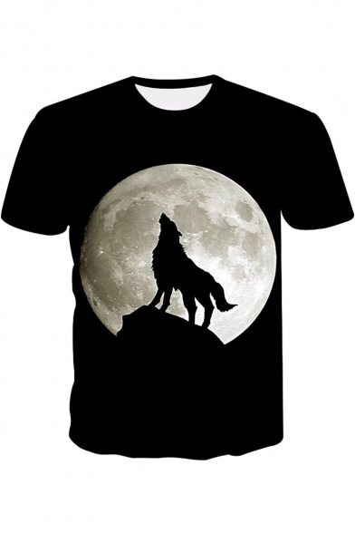 Summer Stylish Moon Wolf Printed Round Neck Short Sleeve Black T-Shirt