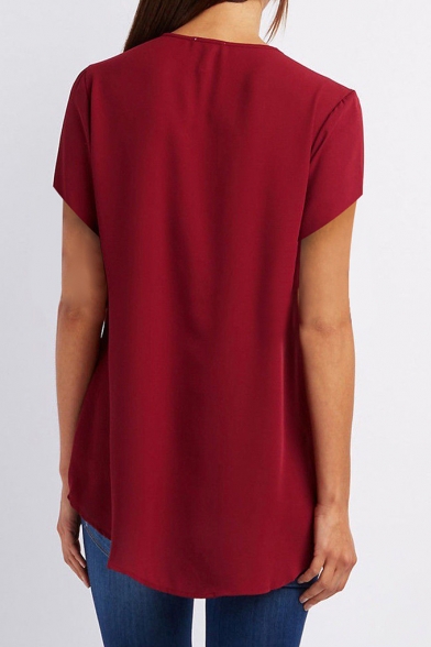 Summer Stylish Zipper V-Neck Short Sleeve Plain Chiffon T-Shirt
