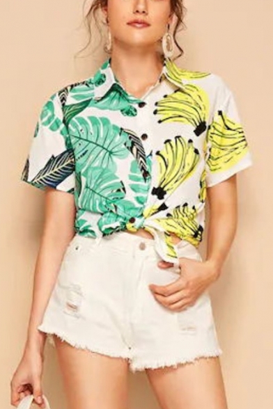 Summer Trendy Banana Leaf Printed Short Sleeve Holiday Button Shirt for Women