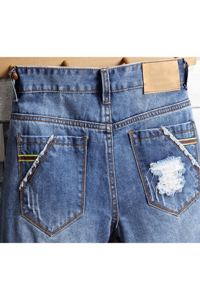 Summer Trendy Light Blue Washed Ripped Detail Fringed Trim Men's Denim Shorts