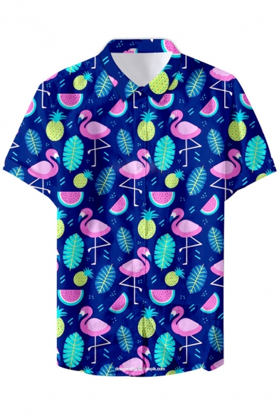 InterestPrint Mens Button Down Vivid Tropical Hawaiian Flamingo Print Casual Shirt Short Sleeve Shirts