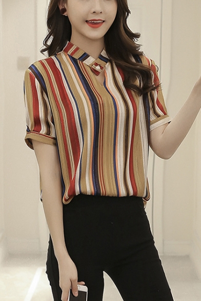 Summer Womens Stylish Yellow Striped Printed V-Neck Short Sleeve Silk Blouse Top