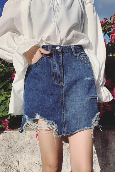Trendy Blue Destroyed Ripped Casual Mini A-Line Denim Skirt