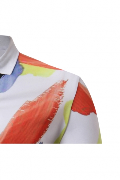Trendy Colorful Painting Short Sleeve Slim Fit White Polo Shirt for Men