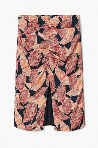 Trendy Leaf Printed Ruched Splited Front High Rise Midi Skirt
