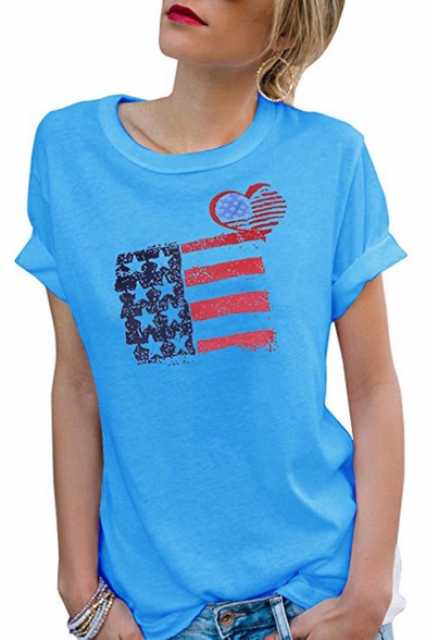 Trendy Simple Heart Flag Printed Round Neck Short Sleeve Loose Fitted T-Shirt