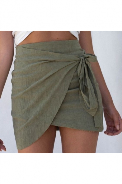 Trendy Simple Plain Army Green Tied Waist Mini Wrap Skirt for Women