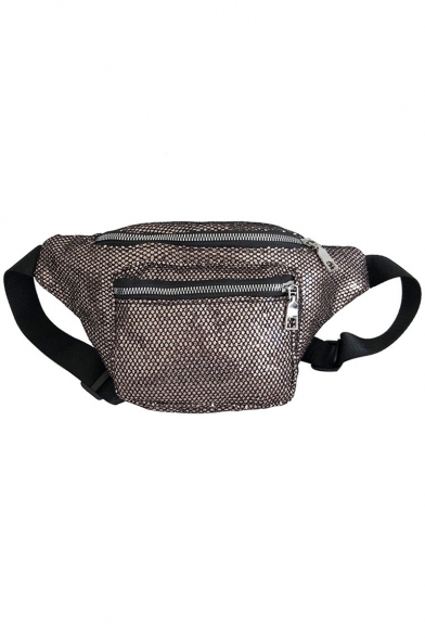 Trendy Solid Color Net Grid Sequin Crossbody Chest Bag Belt Bag with Zipper Pocket 19*17*8 CM