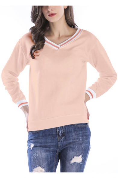Trendy Striped Trim V-Neck Long Sleeve Casual Pink Sweatshirt