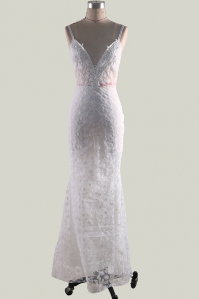 Trendy White Elegant Plunge V Neck Backless Sleeveless Floor Length Lace Bodycon Cocktail Evening Gown Dress