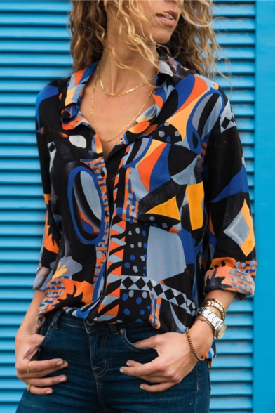 Unique Graffiti Fashion Long Sleeve Loose Fitted Button Down Chiffon Shirt for Women