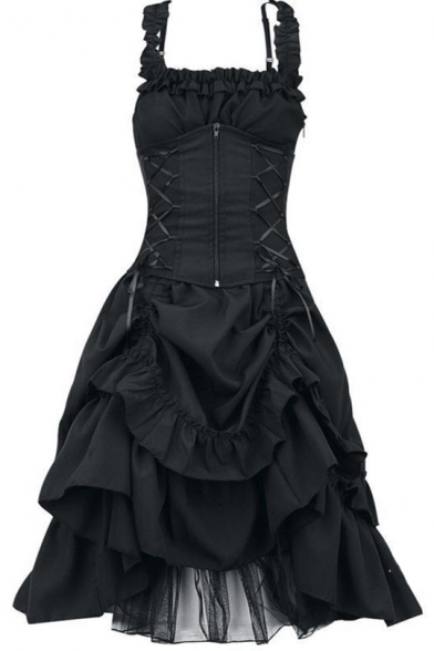 Vintage Medieval Gothic Style Lace-Up Corset Waist Sleeveless Midi Fit and Flared Dress