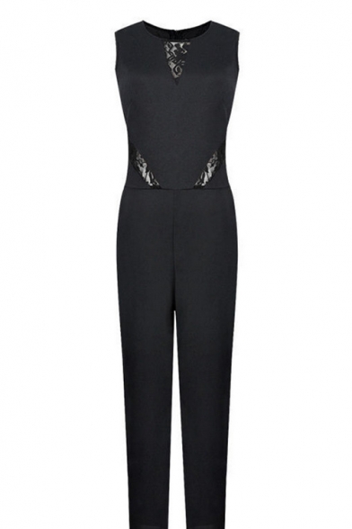 Women Hot Stylish Simple Plain Sleeveless Lace Cutout Zipper-Back Slim Jumpsuits