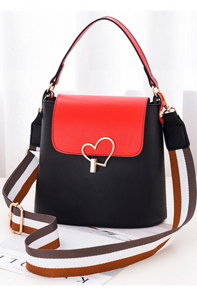 Women's Fashion Color Block Striped Strap Metal Heart Buckle Shoulder Bucket Handbag 21*11*20 CM