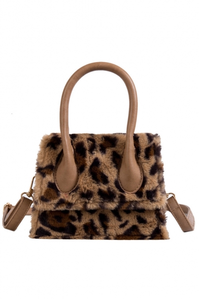 Women's Fashion Plush Leopard Pattern Top Handle Crossbody Satchel Bag 19*14*7 CM