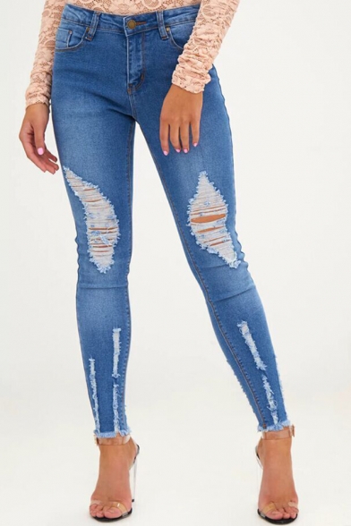 Womens Blue Distressed Ripped Raw Hem Stretch Skinny Fit Jeans