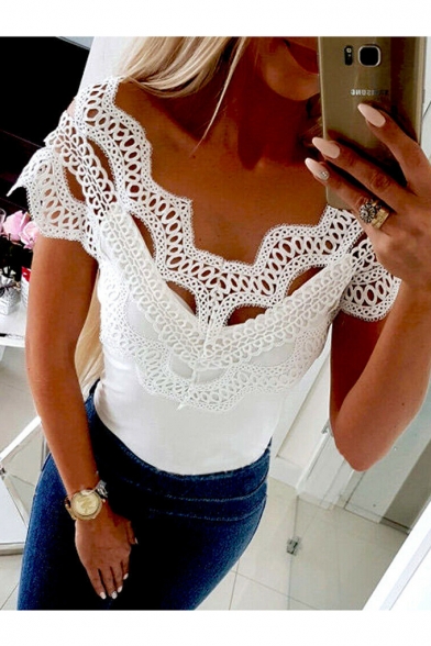 Womens Chic Lace-Panel Sexy Hollow Out Off Shoulder Plain Fitted T-Shirt