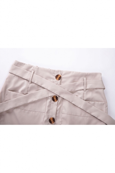 Womens Chic Plain Beige Tied Waist Button Down Mini A-Line Skirt with Pocket