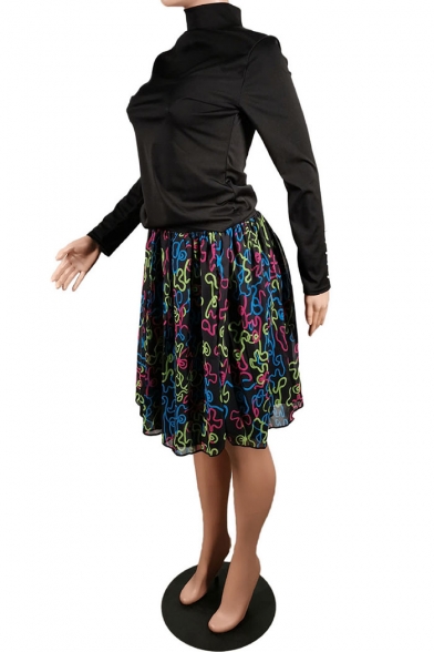Womens Classic Stylish Neon Print Layer Mesh High Waist Midi Skirt