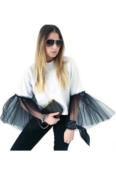 Womens Designer Cool Mesh Panel Bell Sleeve Pullover Casual Sweatshirt