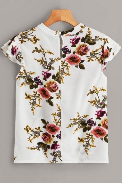 Womens Fashion Floral Print Cutout Round Neck Ruffled Sleeve Chiffon Blouse Top