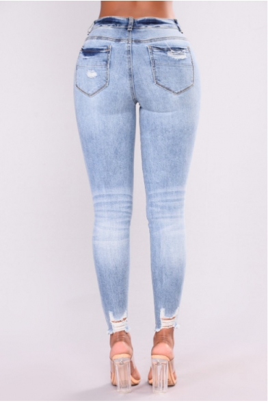 Womens Fashion Light Blue Destroyed Ripped Slim Fitted Denim Jeans