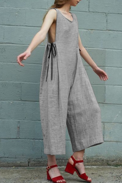 Womens Hot Popular Scoop Collar Tie-Side Cotton and linen Sleeveless Wide Leg Simple Vest Jumpsuits