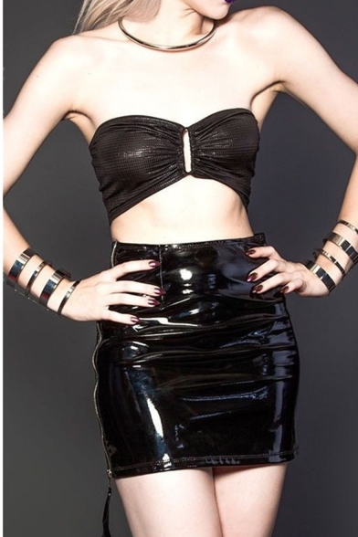Womens Hot Sexy Black Patent Leather Slim Fitted Mini Skirt for Nightclub