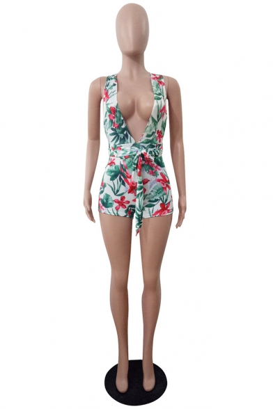 Womens Hot Stylish Floral Printed Sleeveless Plunge V-Neck Crisscross Back Tie Waist Fitted Rompers