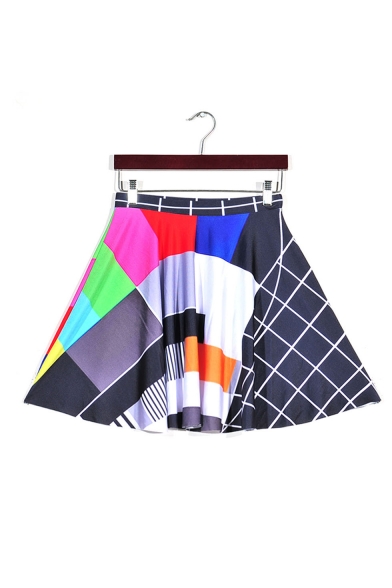 Womens Hot Stylish Geometric Collection Print Colorblock Elastic Waist Mini Skater Skirt