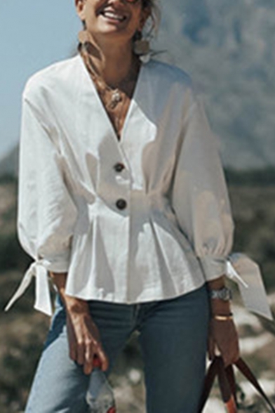 Womens Hot Stylish White Nine Point Sleeves Plunge V Neck Button Front Bow Cuff Elegant Shirts