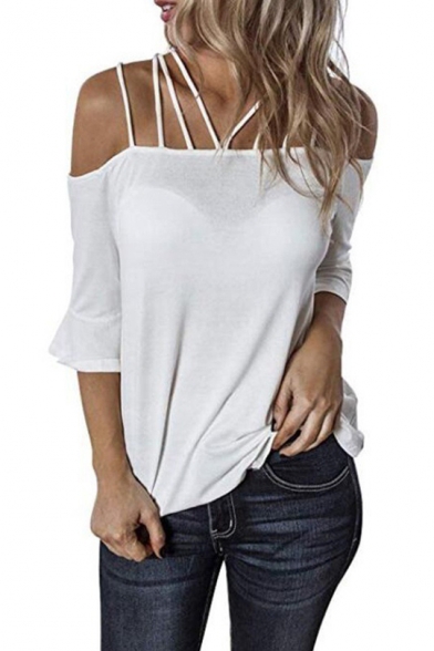 Womens New Fashion Solid Color Sexy Strappy Flared Sleeve Casual Loose T-Shit