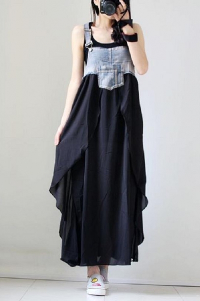 Womens New Stylish Fancy Chiffon Ruffled Maxi Overall Denim Dress