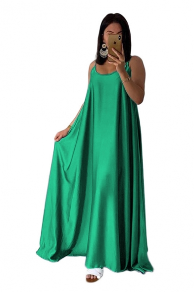 Womens New Stylish Solid Color Sleeveless Spaghetti Strap Floor Length Maxi Silk Beach Slip Dress