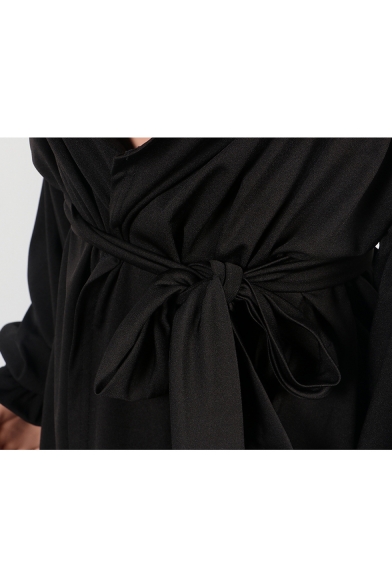 Womens Plain Fashion Black Sexy Plunging V-Neck Puff Long Sleeve Tied Waist Mini A-Line Dress