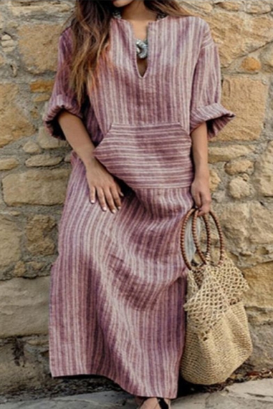 Womens Plus Size Fashion V-Neck Long Sleeve Vertical Striped Print Maxi Casual Linen Dress with Pocket