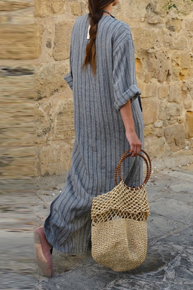 Womens Plus Size Fashion V-Neck Long Sleeve Vertical Striped Print Maxi Casual Linen Dress with Pocket