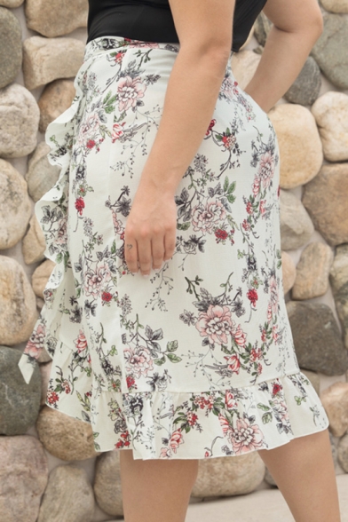 Womens Plus Size Fashion White Floral Printed Tied Waist Wrap Front Midi Ruffled Skirt